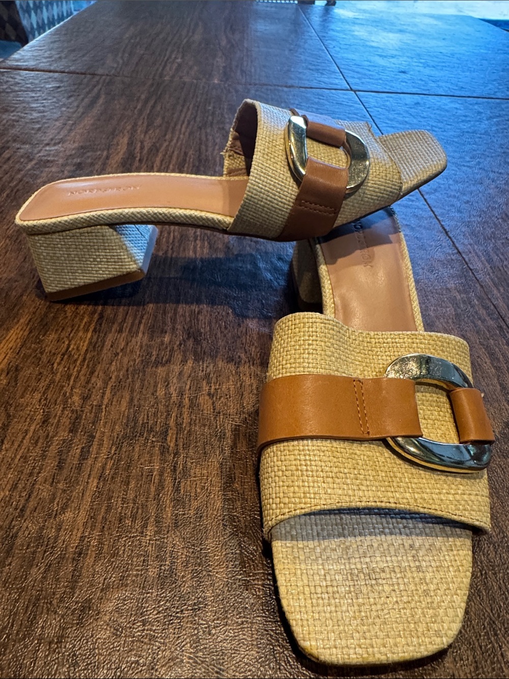 Nordstrom Tan Woven Mule with Gold Buckle